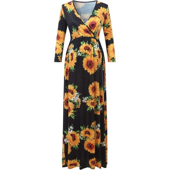 Women's Maternity Casual Floral Print Maxi Dress, Long Sleeve, V Neck US Sz 8 - Picture 2 of 5